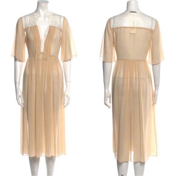 Sandro Pleated Split Neck Lace Semi Sheer Midi Dress Size Small Tan - Picture 1 of 4